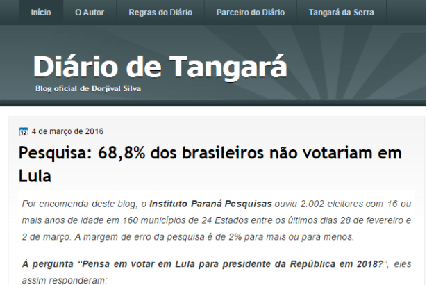 Blog Diário De Tangará divulga pesquisa sobre a popularidade do Ex-Presidente Lula