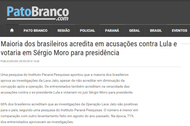 Pato Branco.Com divulga pesquisa sobre a Operação Lava Jato