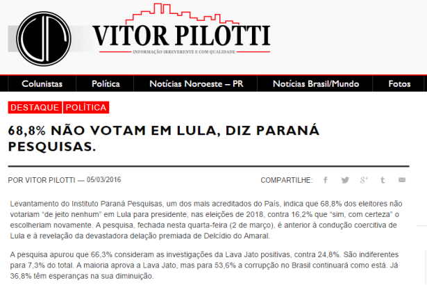 Vitor Pilotti divulga pesquisa sobre o Ex-Presidente Lula