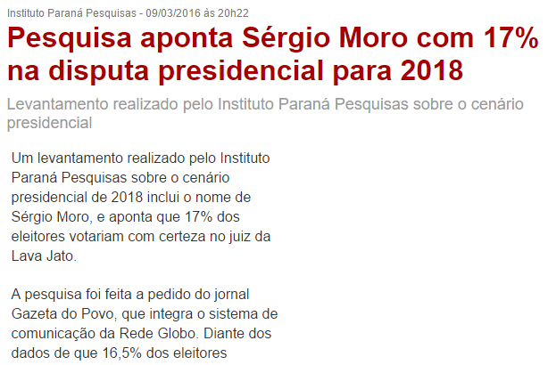 Blog 180 Graus divulga pesquisa sobre a popularidade do Juiz Sérgio Moro