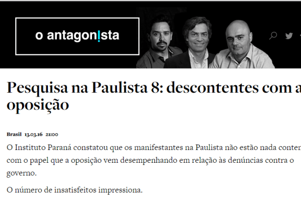 O Antagonista divulga pesquisa realizada no dia 13 de março na Avenida Paulista durante a manifestação
