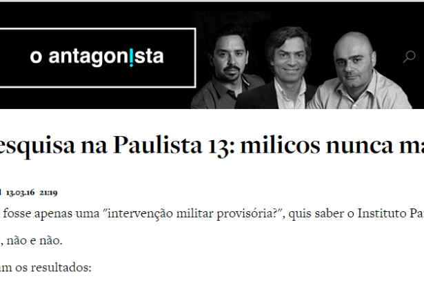 O Antagonista divulga pesquisa realizada no dia 13 de março na Avenida Paulista durante a manifestação