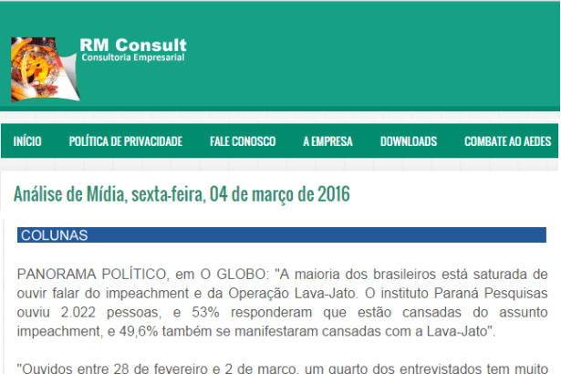 Blog do RM Consult divulga pesquisa sobre a opinião dos Brasileiros com relação ao assunto Impeachment e a Lava Jato