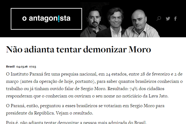 O Antagonista divulga pesquisa sobre a popularidade do Juiz Sergio Moro
