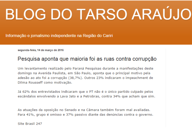 Blog Do Tarso Araujo comenta pesquisa de opinião realizado durante a manifestação do dia 13 de março