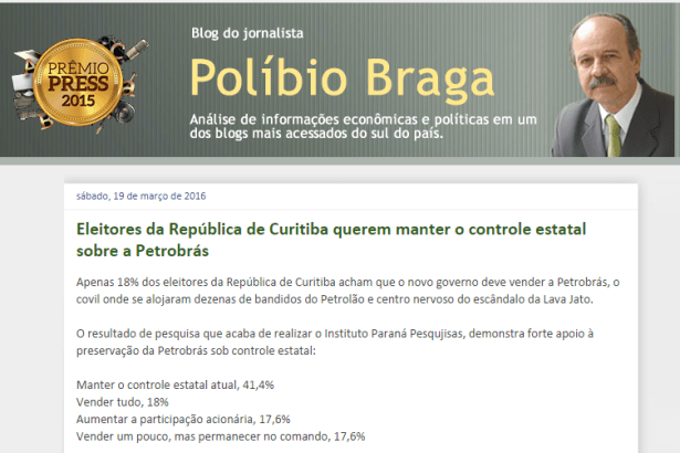 Blog Do Políbio Braga divulga pesquisa realizada na Cidade de Curitiba