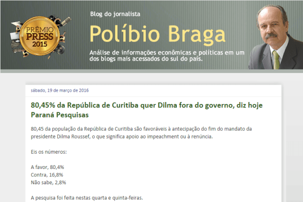 Blog Do Políbio Braga divulga pesquisa realizada na Cidade de Curitiba sobre a Presidente Dilma Rousseff