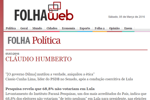 Folha Web divulga pesquisa sobre a popularidade do Ex-Presidente Lula