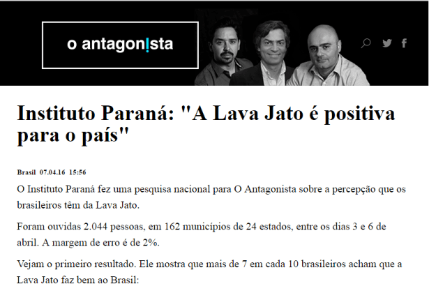 O Antagonista divulga pesquisa sobre a Operação Lava Jato