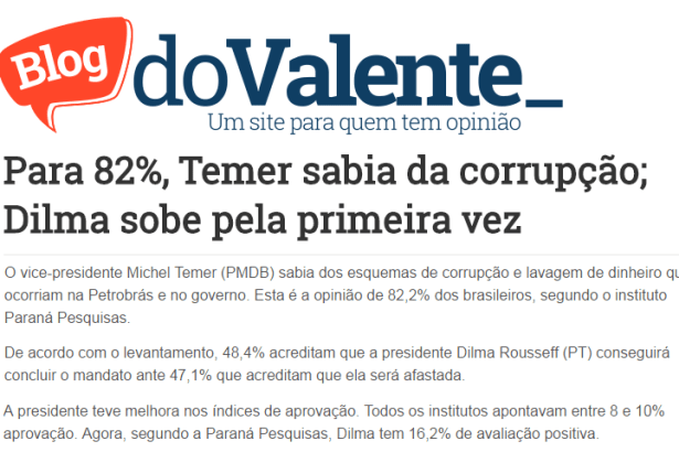 Blog Do Valente divulga pesquisa sobre a Presidente Dilma Rousseff e o Vice Michel Temer