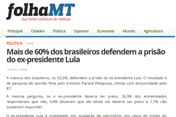 Folha MT divulga pesquisa sobre o Ex-Presidente Lula