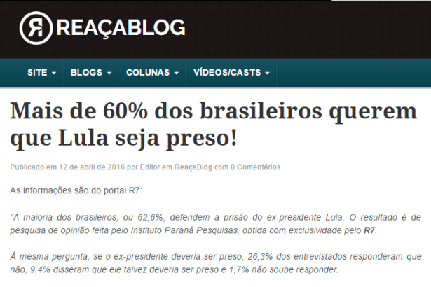 Reaça Blog divulga pesquisa sobre o Ex-Presidente Lula
