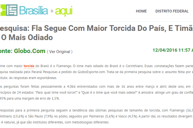 Brasília É Aqui divulga pesquisa sobre os Times de Futebol mais amados e os mais odiados pelos torcedores