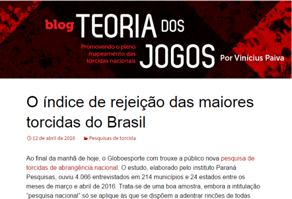 Blog Teoria Dos Jogos divulga pesquisa sobre os Times de Futebol, os mais amados e os mais odiados pelos torcedores