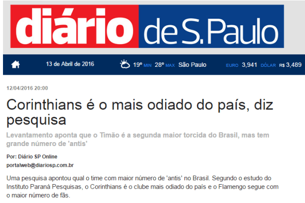 Jornal Diário De São Paulo divulga pesquisa sobre os Times de Futebol, os mais amados e os mais odiados pelos torcedores