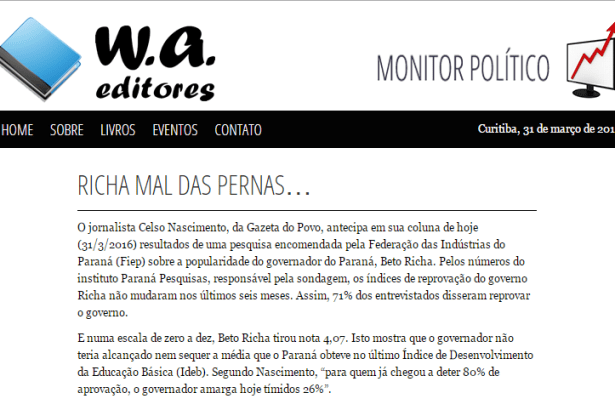 WA Editores divulga pesquisa sobre a popularidade do Governador Beto Richa