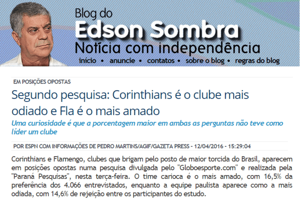 Blog Do Edson Sombra divulga pesquisa sobre os Times de Futebol, os mais amados e os mais odiados pelos torcedores