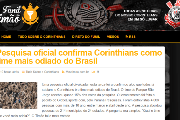 Funil Do Timão.Com divulga pesquisa sobre os Times de Futebol, os mais amados e os mais odiados pelos torcedores