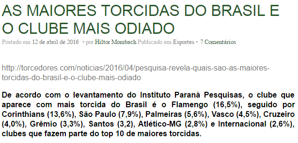 Blog Hiltor Mombach divulga pesquisa sobre os Times de Futebol, os mais amados e os mais odiados pelos torcedores