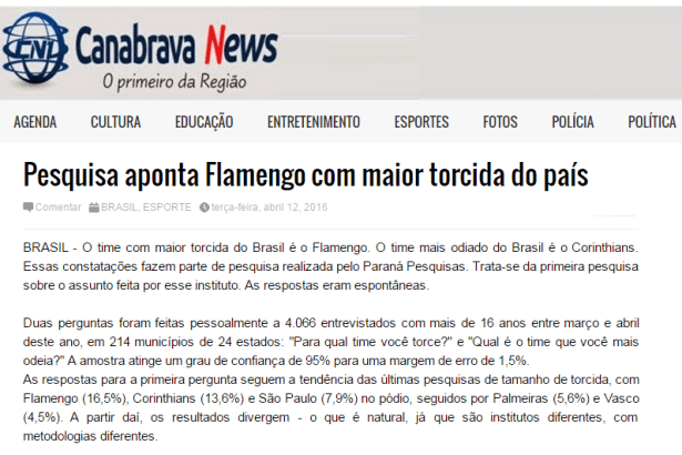 Canabrava News divulga pesquisa sobre os Times de Futebol, os mais amados e os mais odiados pelos torcedores