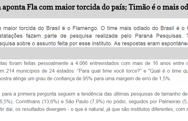 Blog Destaques Esportivos, divulga pesquisa sobre os Times de Futebol, os mais amados e os mais odiados pelos torcedores