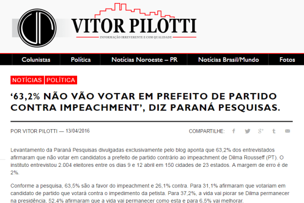 Vitor Pilotti divulga pesquisa Nacional sobre a Presidente Dilma Rousseff