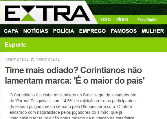 Globo.Com - Extra Esportes, divulga pesquisa sobre os Times de Futebol, os mais amados e os mais odiados pelos torcedores