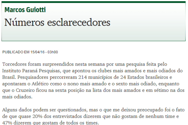 Jornal O Tempo - Opinião, comenta a pesquisa sobre os Times de Futebol