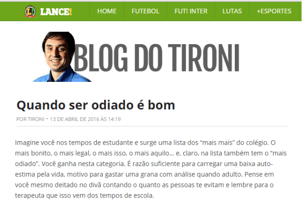 Grupo Lance - Blog Do Tironi, divulga pesquisa sobre os Times de Futebol, os mais amados e os mais odiados pelos torcedores