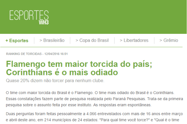 Esportes WH3 divulga pesquisa sobre os Times de Futebol, os mais amados e os mais odiados pelos torcedores