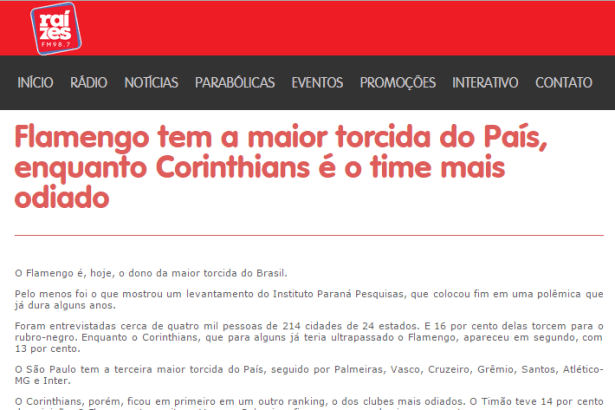 Rádio Raízes FM divulga pesquisa sobre os Times de Futebol, os mais amados e os mais odiados pelos torcedores