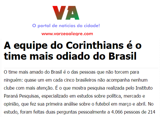 Portal Varzea Alegre divulga pesquisa sobre os Times de Futebol, os mais amados e os mais odiados pelos torcedores