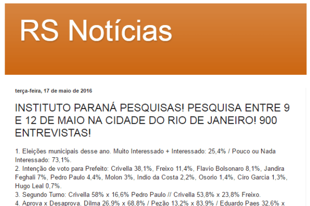 Blog RS Notícias divulga pesquisa sobre a disputa eleitoral para o Município do Rio de Janeiro