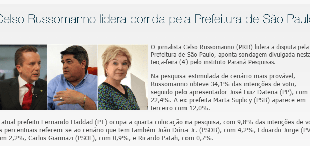 Portal Paz E Vida divulga pesquisa sobre a disputa Eleitoral no Município de São Paulo
