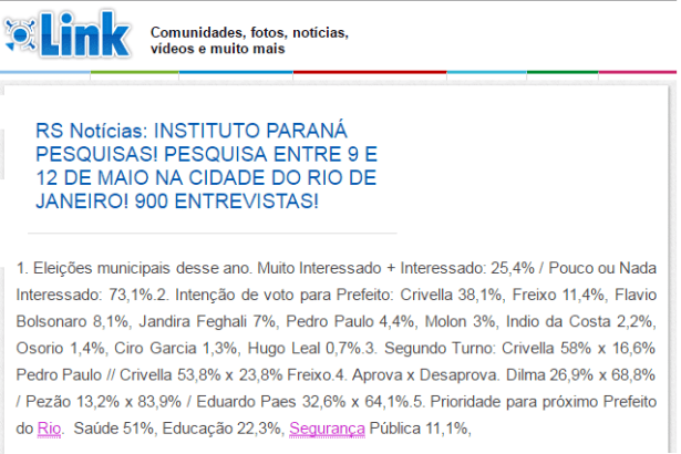 Blog Link Social News divulga pesquisa sobre a disputa eleitoral para o Município do Rio de Janeiro
