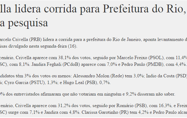 Blog Searchult divulga pesquisa sobre a disputa eleitoral para o Município do Rio de Janeiro