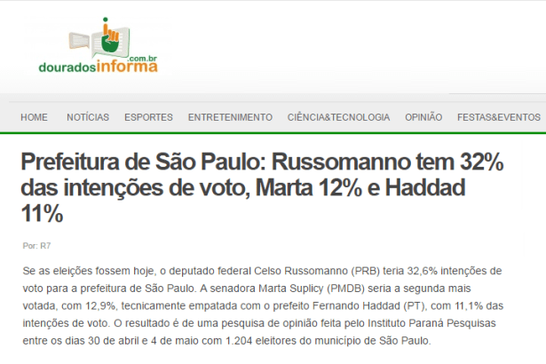 Site Dourados Informa, divulga pesquisa sobre a disputa Eleitoral no Município de São Paulo