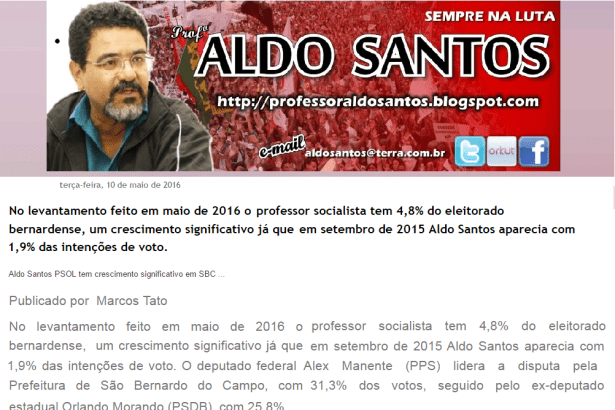 Blog Professor Aldo Santos divulga pesquisa sobre a disputa Eleitoral no Município de São Bernardo do Campo