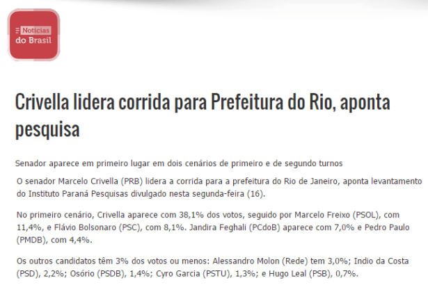 Site Notícias Do Brasil divulga pesquisa sobre a disputa eleitoral para o Município do Rio de Janeiro
