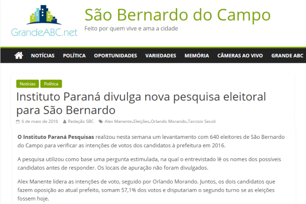 Grande ABC.Net divulga pesquisa sobre a disputa Eleitoral no Município de São Bernardo Do Campo