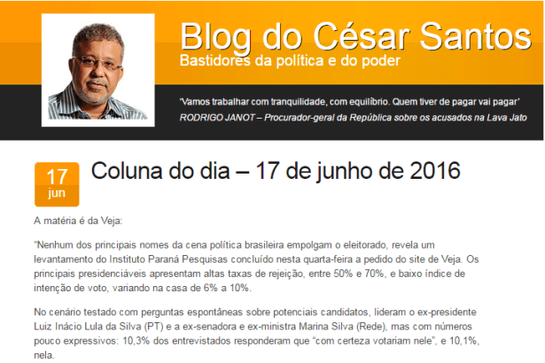 Blog Do César Santos divulga pesquisa sobre a rejeição dos candidatos a Presidente do Brasil