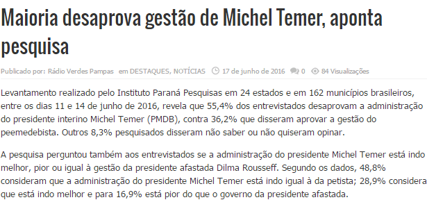 Rádio Verdes Pampas, divulga pesquisa sobre a popularidade do Presidente Michel temer