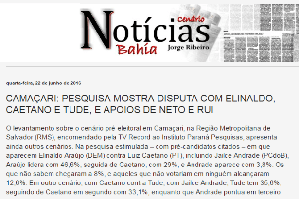 Blog Notícias Bahia, divulga pesquisa sobre a disputa eleitoral à Prefeitura de Camaçari/ BA