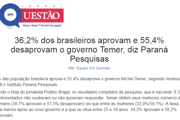 Jornal Em Questão, divulga pesquisa sobre a popularidade do Presidente Michel Temer