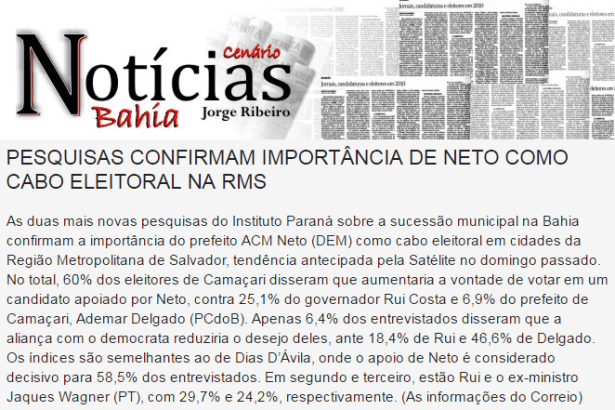 Notícias Bahia, divulga pesquisa sobre o apoio do Prefeito ACM Neto a um candidato da Região Metropolitana de Salvador