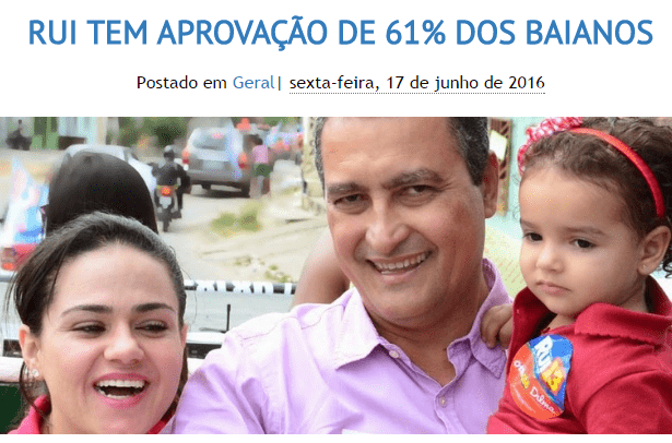 Portal Itororó No Ar, divulga pesquisa sobre a popularidade do Governador da Bahia, Rui Costa