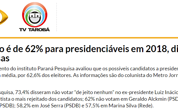 TV Tarobá divulga pesquisa sobre a rejeição dos candidatos a Presidente do Brasil