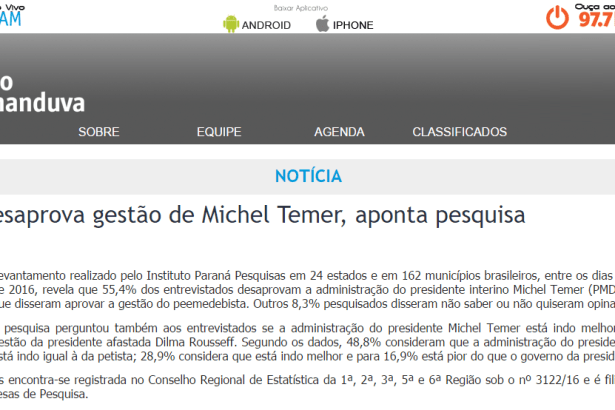 Rádio Sananduva, divulga pesquisa sobre a popularidade do Presidente Michel temer