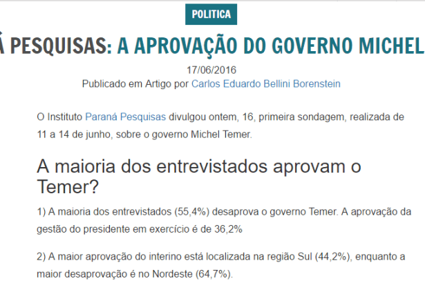 Blog Da Política Brasileira, divulga pesquisa sobre a popularidade do Presidente Michel temer