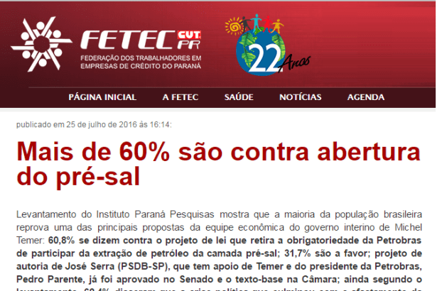 FETECPR, divulga pesquisa sobre a opinião do Brasileiros com relação as novas propostas do Presidente Michel Temer